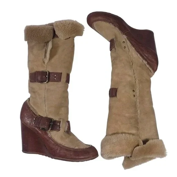 VW1 FENDI CAMEL BROWN WEDGE BUCKLE LONG FUR TRIM BOOTS - SIZE 38.5 39 READ - Picture 2 of 10
